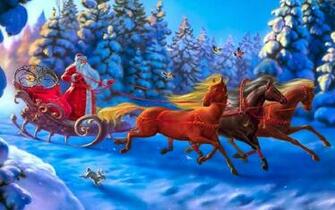 Santa Claus Coming To Town Riding His Reindeer Sleigh Flying In