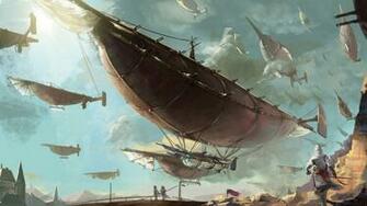 Steampunk Mechanical Ships Boats Flight Sky Clouds Aircraft F