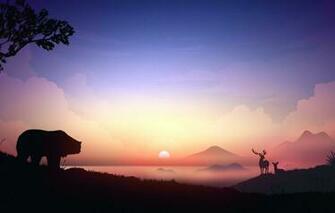 Wallpaper Horns Animals Sunset Art Mountains Tree Digital