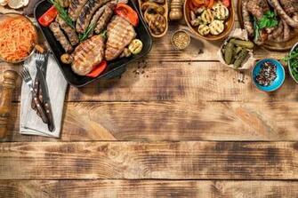 Bread Meat Bbq Vegetables Sauce Wood Grill Grilled