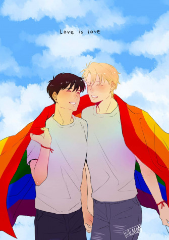 Two Young Gay Anime Characters Standing Together Hand In Wallpaper