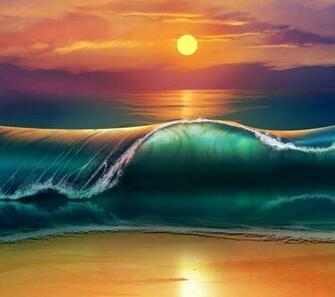 Water Ocean Sunset Painting Over Waves
