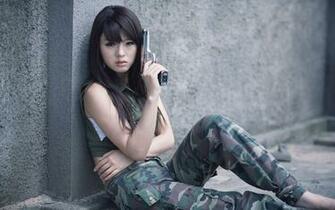 Asian Girl Hwang Mi Hee With And Military Uniform Gun HD Wallpaper
