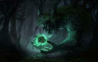 Wallpaper Forest Trees Night Lights Dark Spirit Sphere Art