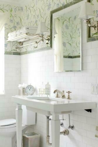 Wallpaper Subway Tile Sconces Bath Ideas