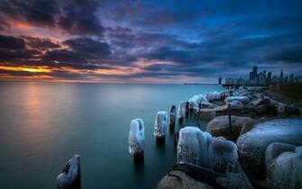 Chicago Illinois United States Lakes Reflection Winter Sunset Ice