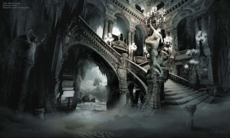 A Dark Staircase With And Chandelier Wallpaper
