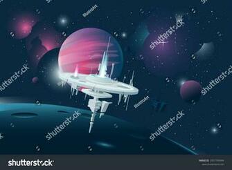 Orbital Stations Orbiting Moon With Gas Giant Planet Behind On