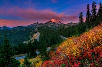 Mount Rainier Washington Mountain Road Fall Moon Cloud Wood Wallpaper