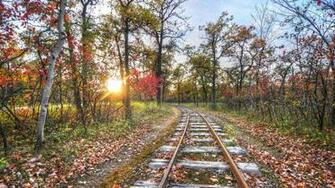 Old Train Track In Autumn At Sunrise HDr HD Desktop Background