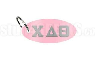 Chi Delta Theta Key Chain With Gray Greek Letters On A Reflective Pink