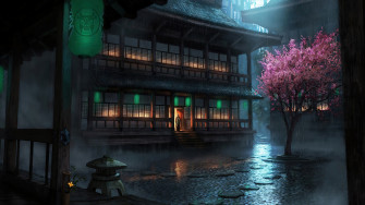 Japanese Castle Cherry Blossom Raining Art 4k Wallpaper iPhone HD