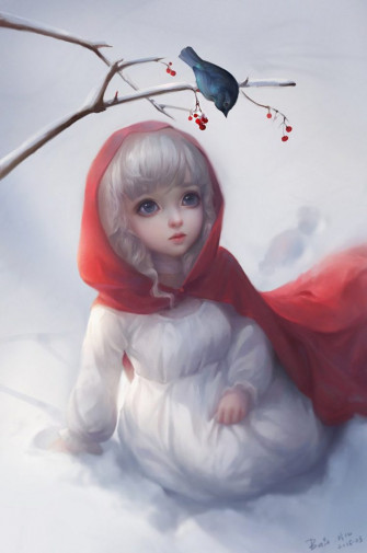 Fantasy Girl Cute Winter Snow Animal Bird White Hair Blue