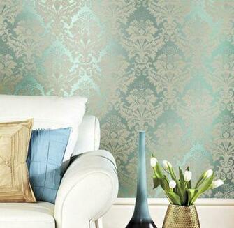 Non Woven Classic Metallic Flock Damask Wallpaper Glitter Green