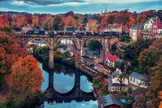 Knaresborough England Bridge Train Fall Reflection Autumn Wallpaper