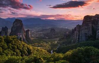 Wallpaper Mountains Greece Valley Panorama Meteora