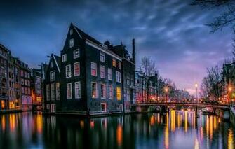 Wallpaper Water Night Bridge Lights House The Building