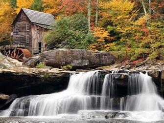 Waterfalls Autumn Darkgray Rosybrown Burlywood Wallpaper