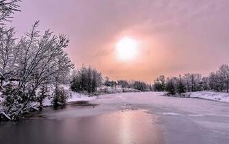 Snow Forest Frozen River Wallpaper