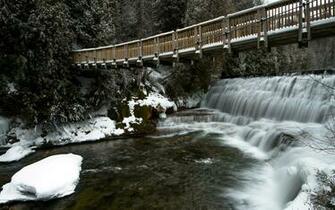 River Bridge Winter Landscape Waterfall Wallpaper