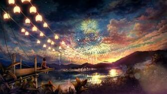 Fireworks Scenic Anime Girls Cities Chinese Lantern Wallpaper