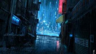 Light Blue Rain Signs Buildings Cities Street Upscaled Wallpaper