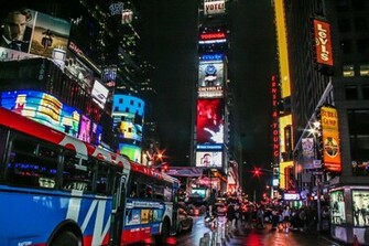 Times Square New York Usa City Cities Neon Lights Traffic Night Crowd