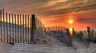 Lovely Beach Sunset Fence Dune Landscape Wallpaper