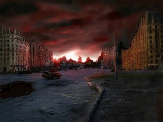 Destroyed City Wallpaper On The Background Of A Bloody Sunset