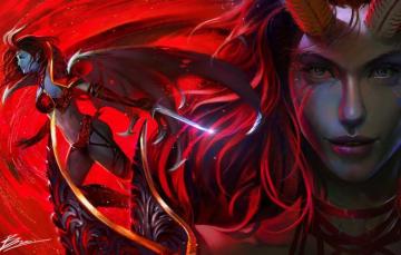 Wallpaper Girl Face The Demon Art Horns Dota2 Akasha