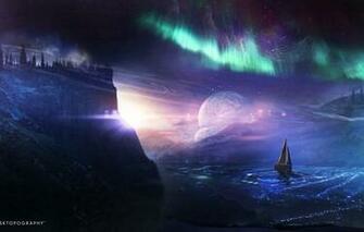 Wallpaper Desktopography Planet Ship Northern Lights Water Glow