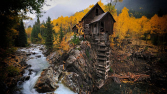Strange Wooden House On Cliff Wallpaper