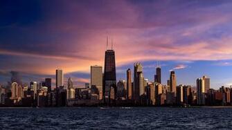Wallpaper Chicago Illinois City River Skyscrapers Evening