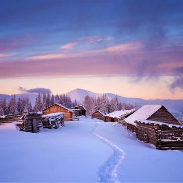 Houses Winter Landscape Sunset Wallpaper