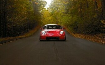 Nissan 350z Red Car Road Fall Forest HD Wallpaper