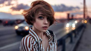 Women Brunette Short Hair Blue Eyes Portrait Windy Shirt