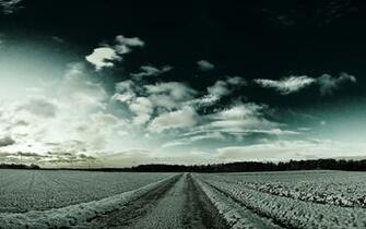 Snowy Fields Road Forest Sky Wallpaper