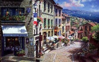 Wallpaper Painting France Town Street Sea Sailing Boats