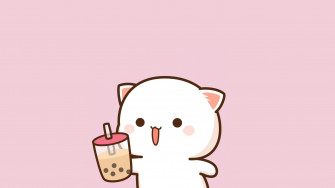 Peachy Cat Boba Tea Mobile Desktop Wallpaper