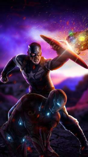 Captain And Tony Fighting Thanos Avengers Endgame iPhone Wallpaper