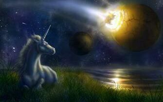 Wallpaper Unicorn Night Space Planets Collision