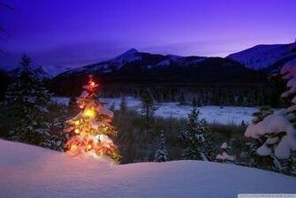 Christmas Tree With Lights Outdoors In The Mountains Wallpaper