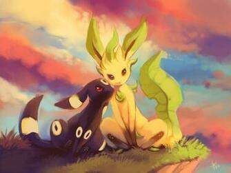 Pokemon Brown Eyes Clouds Grass Leafeon Purple
