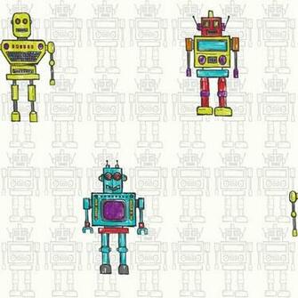 Retro Robot Luxury Metallic Childrens Kids Bedroom Wallpaper