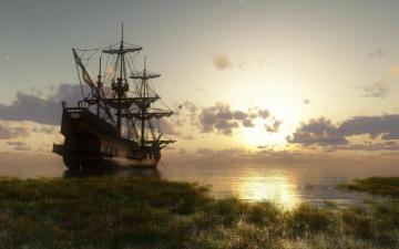 Shiny Ocean Ship Grass Sunny Desktop Pc And Mac Wallpaper