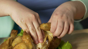 Hands Of Fat Woman With Eating Disorder Tearing Meat Whole