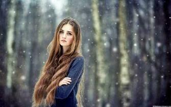 Beautiful Girl With Long Hair In Snow Image