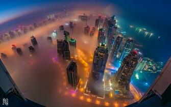 City Dubai Uae Lights Fog Panorama Photo