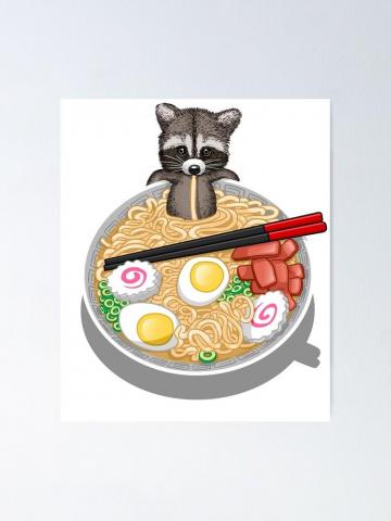 Raccoon Eating Ramen Noodles Poster By Albertocubatas