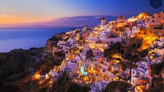 Santorini Greece Panorama Sea Ships Desktop Background
